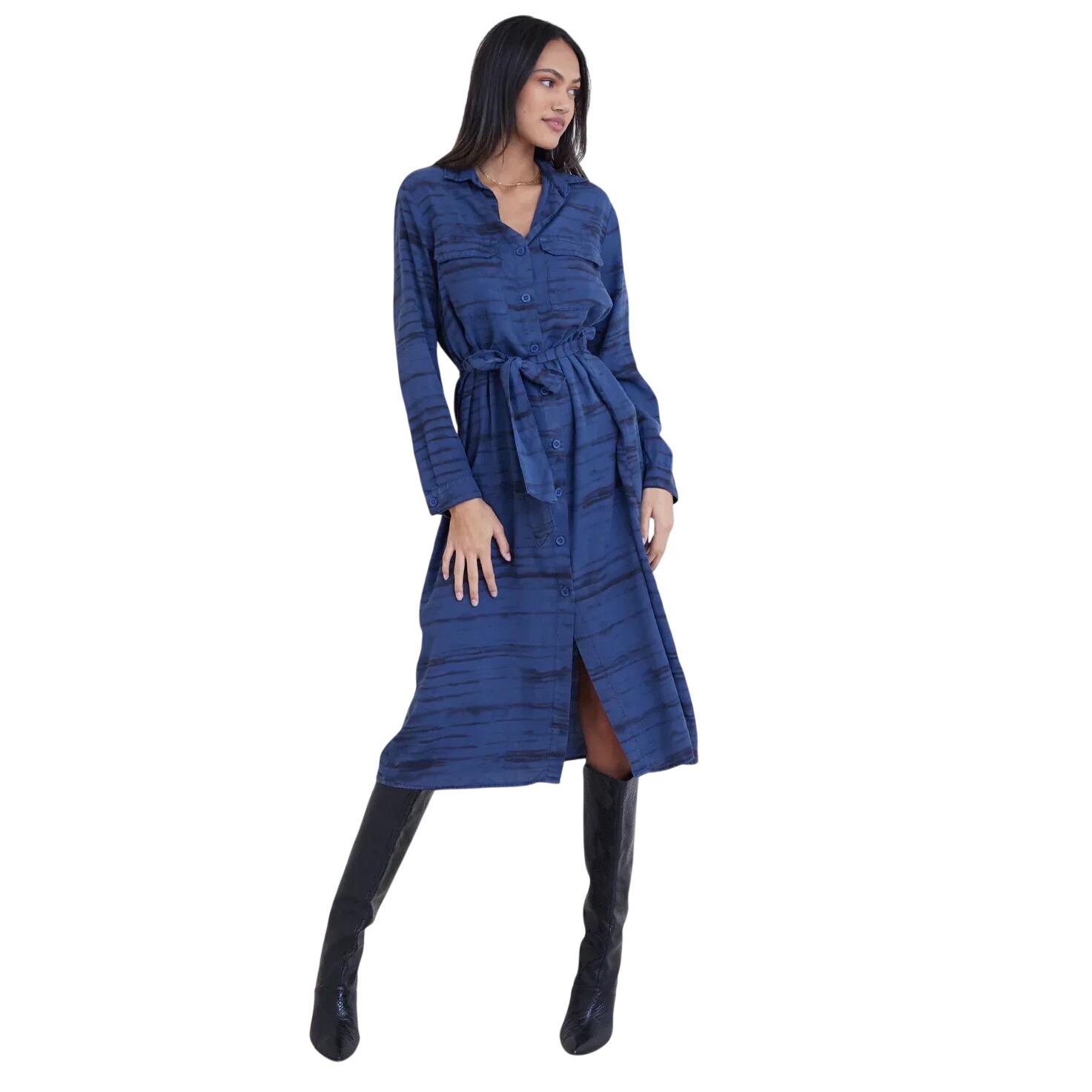 Bella Dahl Patch Pocket Midi Shirt Dress Stripe Blue Tencel Belted Large
